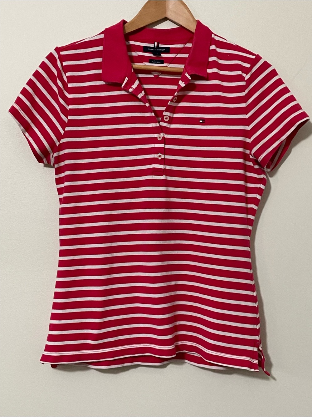 Tommy Hilfiger Striped Polo Shirt Women Large L Pink Red White Slim Fit Pique